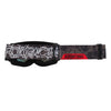 Fox Racing Main Abyss Spark Goggles (Youth) in Black, rear view of the branded strap, with the wide elastic strap, silicone grip bands, woven Fox lettering, and rear frame edge. Available options—Color: Black.