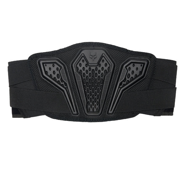 Fox Racing Titan Sport Belt in Black, front exterior view, with the wide hook-and-loop waist straps, molded lumbar support panels, perforations, and mesh lining. Available options—Color: Black; Size: SM/MD, LG/XL, 2X/3X. SKU 40596-001-S/M. UPC 198571122891.