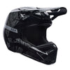 Fox Racing V1 BNKR Helmet in Black Camo, left-side profile, with the extended visor, open face port, angular chin bar, side vents, and Fox graphics. Available options—Color: Black Camo; Size: XS, SM, MD, LG, XL, 2X. SKU 40602-247-XS. UPC 198571123249.