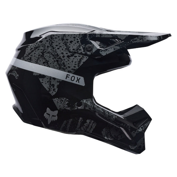 Fox Racing V1 BNKR Helmet in Black Camo, right-side profile, with the extended visor, open face port, angular chin bar, side vents, and Fox graphics. Available options—Color: Black Camo; Size: XS, SM, MD, LG, XL, 2X. SKU 40602-247-S. UPC 198571123256.