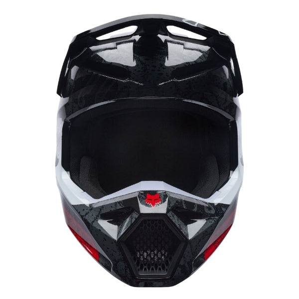 Fox Racing V1 Abyss Helmet (Youth) in Black, front view, with the visor, wide goggle opening, vented chin bar, and brow vents centered in the frame. Available options—Color: Black; Size: Y-SM, Y-MD, Y-LG. SKU 40607-001-YL. UPC 198571121580.