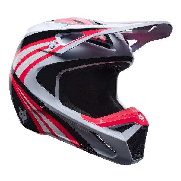 Fox Racing V1 Draft Helmet (Youth) in White, left-side profile, with the extended visor, open face port, angular chin bar, side vents, and Fox graphics. Available options—Color: White, Sunburst; Size: Y-SM, Y-MD, Y-LG. SKU 40608-008-YS. UPC 198571132050.