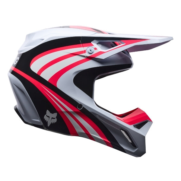 Fox Racing V1 Draft Helmet (Youth) in White, right-side profile, with the extended visor, open face port, angular chin bar, side vents, and Fox graphics. Available options—Color: White, Sunburst; Size: Y-SM, Y-MD, Y-LG. SKU 40608-008-YM. UPC 198571132067.