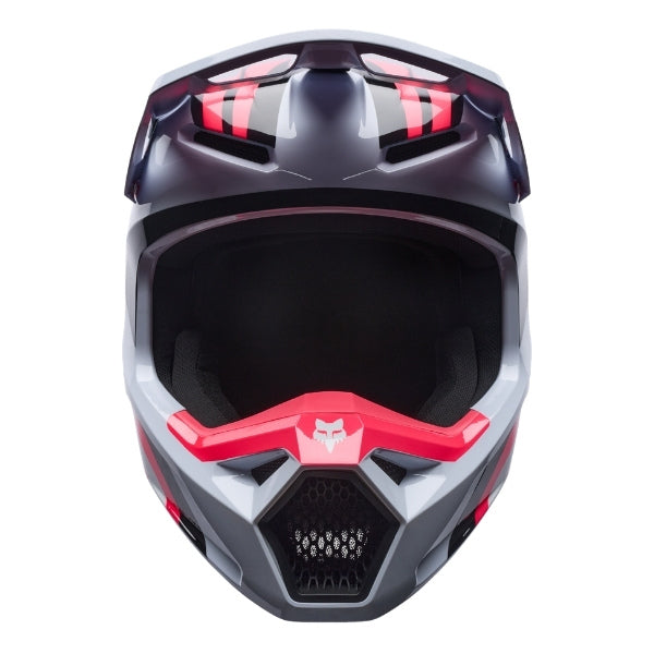 Fox Racing V1 Draft Helmet (Youth) in White, front view, with the visor, wide goggle opening, vented chin bar, and brow vents centered in the frame. Available options—Color: White, Sunburst; Size: Y-SM, Y-MD, Y-LG. SKU 40608-008-YL. UPC 198571132074.