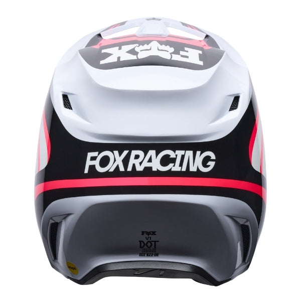 Fox Racing V1 Draft Helmet (Youth) in Sunburst, left-side profile, with the extended visor, open face port, angular chin bar, side vents, and Fox graphics. Available options—Color: White, Sunburst; Size: Y-SM, Y-MD, Y-LG. SKU 40608-460-YS. UPC 198571131893.