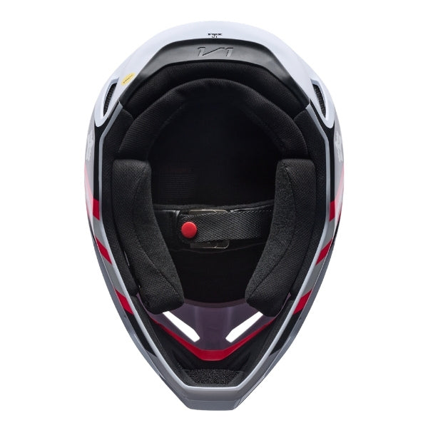 Fox Racing V1 Draft Helmet (Youth) in Sunburst, front view, with the visor, wide goggle opening, vented chin bar, and brow vents centered in the frame. Available options—Color: White, Sunburst; Size: Y-SM, Y-MD, Y-LG. SKU 40608-460-YL. UPC 198571131916.
