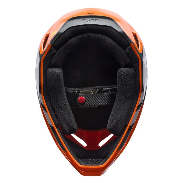Fox Racing V1 Draft Helmet (Youth) in Sunburst, right-side profile, with the extended visor, open face port, angular chin bar, side vents, and Fox graphics. Available options—Color: White, Sunburst; Size: Y-SM, Y-MD, Y-LG.