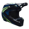 Fox Racing V1 Draft Helmet in Black, left-side profile, with the extended visor, open face port, angular chin bar, side vents, and Fox graphics. Available options—Color: White, Black, Sunburst; Size: XS, SM, MD, LG, XL, 2X. SKU 40609-001-XS. UPC 198571121597.