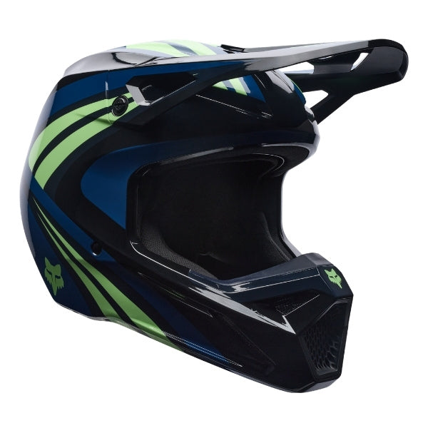 Fox Racing V1 Draft Helmet in Black, left-side profile, with the extended visor, open face port, angular chin bar, side vents, and Fox graphics. Available options—Color: White, Black, Sunburst; Size: XS, SM, MD, LG, XL, 2X. SKU 40609-001-XS. UPC 198571121597.
