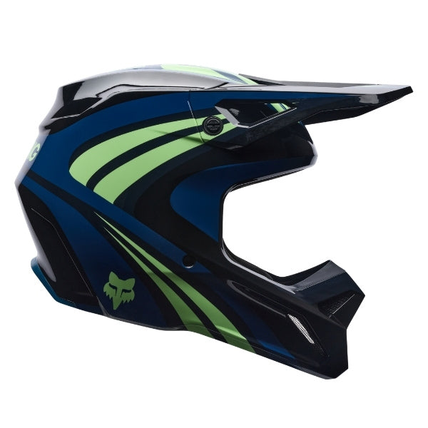 Fox Racing V1 Draft Helmet in Black, right-side profile, with the extended visor, open face port, angular chin bar, side vents, and Fox graphics. Available options—Color: White, Black, Sunburst; Size: XS, SM, MD, LG, XL, 2X. SKU 40609-001-S. UPC 198571121603.