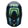 Fox Racing V1 Draft Helmet in Black, top view, with the visor tip, crown vents, shell graphics, and central Fox logo. Available options—Color: White, Black, Sunburst; Size: XS, SM, MD, LG, XL, 2X. SKU 40609-001-XL. UPC 198571121634.
