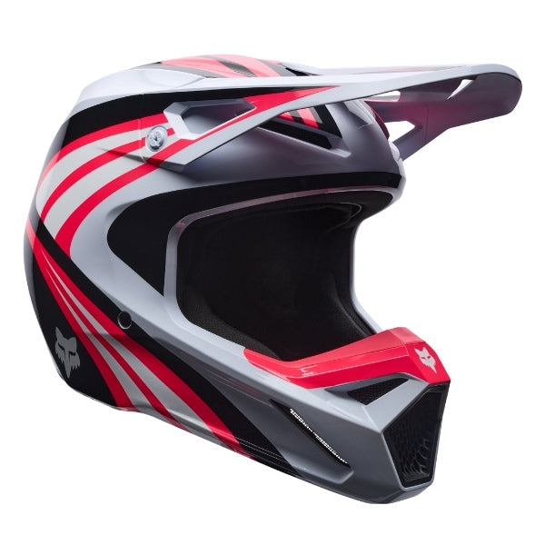 Fox Racing V1 Draft Helmet in White, left-side profile, with the extended visor, open face port, angular chin bar, side vents, and Fox graphics. Available options—Color: White, Black, Sunburst; Size: XS, SM, MD, LG, XL, 2X. SKU 40609-008-XS. UPC 198571132081.