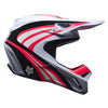 Fox Racing V1 Draft Helmet in White, right-side profile, with the extended visor, open face port, angular chin bar, side vents, and Fox graphics. Available options—Color: White, Black, Sunburst; Size: XS, SM, MD, LG, XL, 2X. SKU 40609-008-S. UPC 198571132098.