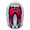 Fox Racing V1 Draft Helmet in White, top view, with the visor tip, crown vents, shell graphics, and central Fox logo. Available options—Color: White, Black, Sunburst; Size: XS, SM, MD, LG, XL, 2X. SKU 40609-008-XL. UPC 198571132128.