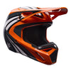 Fox Racing V1 Draft Helmet in Sunburst, left-side profile, with the extended visor, open face port, angular chin bar, side vents, and Fox graphics. Available options—Color: White, Black, Sunburst; Size: XS, SM, MD, LG, XL, 2X. SKU 40609-460-XS. UPC 198571131503.