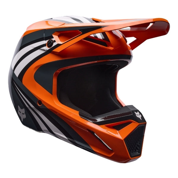 Fox Racing V1 Draft Helmet in Sunburst, left-side profile, with the extended visor, open face port, angular chin bar, side vents, and Fox graphics. Available options—Color: White, Black, Sunburst; Size: XS, SM, MD, LG, XL, 2X. SKU 40609-460-XS. UPC 198571131503.