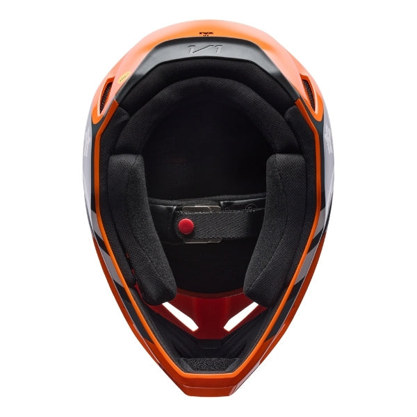 Fox Racing V1 Draft Helmet in Sunburst, underside view of the interior padding and chin opening, with the padded crown liner, cheek pads, chin opening, and retention-strap area exposed. Available options—Color: White, Black, Sunburst; Size: XS, SM, MD, LG, XL, 2X. SKU 40609-460-2X. UPC 198571131558.
