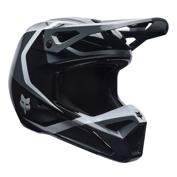 Fox Racing V1 Frame Helmet in Black, left-side profile, with the extended visor, open face port, angular chin bar, side vents, and Fox graphics. Available options—Color: Black, Blue, Grey/Yellow, Neon Pink, Red; Size: XS, SM, MD, LG, XL, 2X. SKU 40615-001-XS. UPC 198571121658.