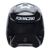 Fox Racing V1 Frame Helmet in Black, rear view, with the rear shell vents, lower neck opening, molded shell ribs, and Fox lettering. Available options—Color: Black, Blue, Grey/Yellow, Neon Pink, Red; Size: XS, SM, MD, LG, XL, 2X. SKU 40615-001-L. UPC 198571121689.