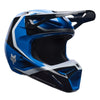 Fox Racing V1 Frame Helmet in Blue, left-side profile, with the extended visor, open face port, angular chin bar, side vents, and Fox graphics. Available options—Color: Black, Blue, Grey/Yellow, Neon Pink, Red; Size: XS, SM, MD, LG, XL, 2X. SKU 40615-002-XS. UPC 198571123836.