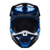 Fox Racing V1 Frame Helmet in Blue, front view, with the visor, wide goggle opening, vented chin bar, and brow vents centered in the frame. Available options—Color: Black, Blue, Grey/Yellow, Neon Pink, Red; Size: XS, SM, MD, LG, XL, 2X. SKU 40615-002-M. UPC 198571123850.