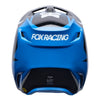 Fox Racing V1 Frame Helmet in Blue, rear view, with the rear shell vents, lower neck opening, molded shell ribs, and Fox lettering. Available options—Color: Black, Blue, Grey/Yellow, Neon Pink, Red; Size: XS, SM, MD, LG, XL, 2X. SKU 40615-002-L. UPC 198571123867.