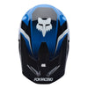 Fox Racing V1 Frame Helmet in Blue, top view, with the visor tip, crown vents, shell graphics, and central Fox logo. Available options—Color: Black, Blue, Grey/Yellow, Neon Pink, Red; Size: XS, SM, MD, LG, XL, 2X. SKU 40615-002-XL. UPC 198571123874.
