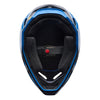 Fox Racing V1 Frame Helmet in Blue, underside view of the interior padding and chin opening, with the padded crown liner, cheek pads, chin opening, and retention-strap area exposed. Available options—Color: Black, Blue, Grey/Yellow, Neon Pink, Red; Size: XS, SM, MD, LG, XL, 2X. SKU 40615-002-2X. UPC 198571123881.