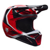 Fox Racing V1 Frame Helmet in Red, left-side profile, with the extended visor, open face port, angular chin bar, side vents, and Fox graphics. Available options—Color: Black, Blue, Grey/Yellow, Neon Pink, Red; Size: XS, SM, MD, LG, XL, 2X. SKU 40615-003-XS. UPC 198571130049.