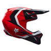 Fox Racing V1 Frame Helmet in Red, right-side profile, with the extended visor, open face port, angular chin bar, side vents, and Fox graphics. Available options—Color: Black, Blue, Grey/Yellow, Neon Pink, Red; Size: XS, SM, MD, LG, XL, 2X. SKU 40615-003-S. UPC 198571130056.