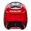 Fox Racing V1 Frame Helmet in Red, rear view, with the rear shell vents, lower neck opening, molded shell ribs, and Fox lettering. Available options—Color: Black, Blue, Grey/Yellow, Neon Pink, Red; Size: XS, SM, MD, LG, XL, 2X. SKU 40615-003-L. UPC 198571130070.