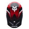Fox Racing V1 Frame Helmet in Red, top view, with the visor tip, crown vents, shell graphics, and central Fox logo. Available options—Color: Black, Blue, Grey/Yellow, Neon Pink, Red; Size: XS, SM, MD, LG, XL, 2X. SKU 40615-003-XL. UPC 198571130087.