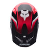 Fox Racing V1 Frame Helmet in Neon Pink, top view, with the visor tip, crown vents, shell graphics, and central Fox logo. Available options—Color: Black, Blue, Grey/Yellow, Neon Pink, Red; Size: XS, SM, MD, LG, XL, 2X. SKU 40615-065-XL. UPC 198571127926.