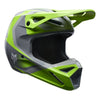Fox Racing V1 Frame Helmet in Grey/Yellow, left-side profile, with the extended visor, open face port, angular chin bar, side vents, and Fox graphics. Available options—Color: Black, Blue, Grey/Yellow, Neon Pink, Red; Size: XS, SM, MD, LG, XL, 2X. SKU 40615-086-XS. UPC 198571125892.