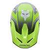 Fox Racing V1 Frame Helmet in Grey/Yellow, top view, with the visor tip, crown vents, shell graphics, and central Fox logo. Available options—Color: Black, Blue, Grey/Yellow, Neon Pink, Red; Size: XS, SM, MD, LG, XL, 2X. SKU 40615-086-XL. UPC 198571125939.
