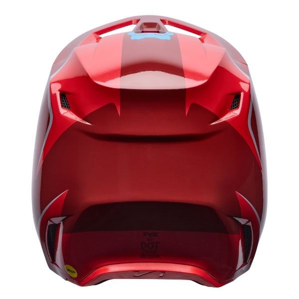 Fox Racing V1 Raid Helmet in Rust, rear view, with the rear shell vents, lower neck opening, molded shell ribs, and Fox lettering. Available options—Color: Rust, Purple Lava, Emerald; Size: XS, SM, MD, LG, XL, 2X. SKU 40616-180-L. UPC 198571130773.