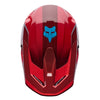 Fox Racing V1 Raid Helmet in Rust, top view, with the visor tip, crown vents, shell graphics, and central Fox logo. Available options—Color: Rust, Purple Lava, Emerald; Size: XS, SM, MD, LG, XL, 2X. SKU 40616-180-XL. UPC 198571130780.