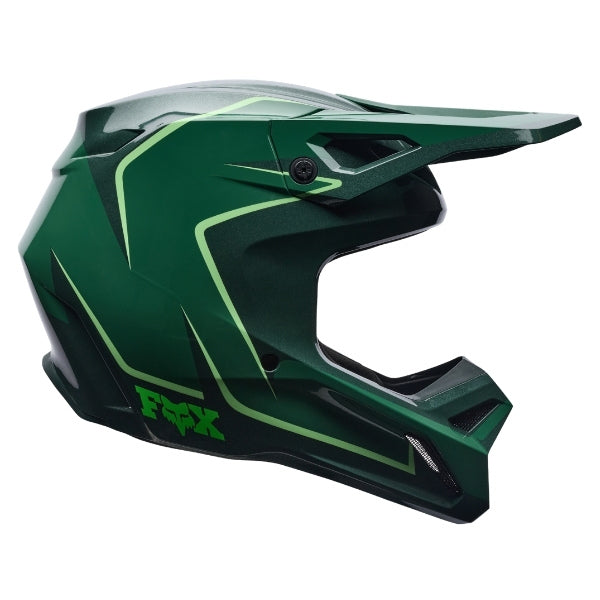Fox Racing V1 Raid Helmet in Emerald, right-side profile, with the extended visor, open face port, angular chin bar, side vents, and Fox graphics. Available options—Color: Rust, Purple Lava, Emerald; Size: XS, SM, MD, LG, XL, 2X. SKU 40616-294-S. UPC 198571125342.
