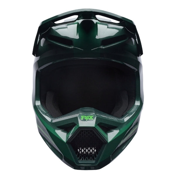 Fox Racing V1 Raid Helmet in Emerald, front view, with the visor, wide goggle opening, vented chin bar, and brow vents centered in the frame. Available options—Color: Rust, Purple Lava, Emerald; Size: XS, SM, MD, LG, XL, 2X. SKU 40616-294-M. UPC 198571125359.
