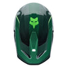Fox Racing V1 Raid Helmet in Emerald, top view, with the visor tip, crown vents, shell graphics, and central Fox logo. Available options—Color: Rust, Purple Lava, Emerald; Size: XS, SM, MD, LG, XL, 2X. SKU 40616-294-XL. UPC 198571125373.