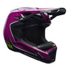 Fox Racing V1 Raid Helmet in Purple Lava, left-side profile, with the extended visor, open face port, angular chin bar, side vents, and Fox graphics. Available options—Color: Rust, Purple Lava, Emerald; Size: XS, SM, MD, LG, XL, 2X. SKU 40616-E07-XS. UPC 198571129135.