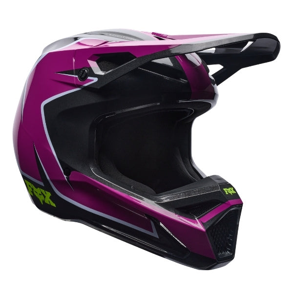 Fox Racing V1 Raid Helmet in Purple Lava, left-side profile, with the extended visor, open face port, angular chin bar, side vents, and Fox graphics. Available options—Color: Rust, Purple Lava, Emerald; Size: XS, SM, MD, LG, XL, 2X. SKU 40616-E07-XS. UPC 198571129135.