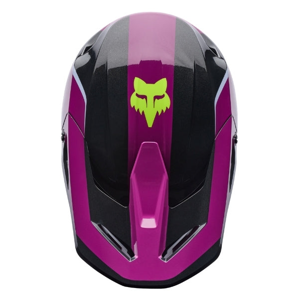 Fox Racing V1 Raid Helmet in Purple Lava, top view, with the visor tip, crown vents, shell graphics, and central Fox logo. Available options—Color: Rust, Purple Lava, Emerald; Size: XS, SM, MD, LG, XL, 2X. SKU 40616-E07-XL. UPC 198571129173.