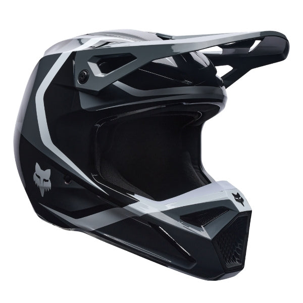 Fox Racing V1 Frame Helmet (Youth) in Black, left-side profile, with the extended visor, open face port, angular chin bar, side vents, and Fox graphics. Available options—Color: Black, Neon Pink, Blue, Grey/Yellow, Red; Size: Y-SM, Y-MD, Y-LG. SKU 40617-001-YS. UPC 198571121719.