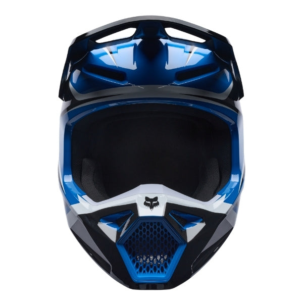 Fox Racing V1 Frame Helmet (Youth) in Red, front view, with the visor, wide goggle opening, vented chin bar, and brow vents centered in the frame. Available options—Color: Black, Neon Pink, Blue, Grey/Yellow, Red; Size: Y-SM, Y-MD, Y-LG. SKU 40617-003-YL. UPC 198571130124.