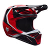 Fox Racing V1 Frame Helmet (Youth) in Red, underside view of the interior padding and chin opening, with the padded crown liner, cheek pads, chin opening, and retention-strap area exposed. Available options—Color: Black, Neon Pink, Blue, Grey/Yellow, Red; Size: Y-SM, Y-MD, Y-LG.