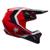 Fox Racing V1 Frame Helmet (Youth) in Red, upper rear and vent view, with the rear shell vents, lower neck opening, molded shell ribs, and Fox lettering. Available options—Color: Black, Neon Pink, Blue, Grey/Yellow, Red; Size: Y-SM, Y-MD, Y-LG.