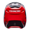Fox Racing V1 Frame Helmet (Youth) in Red, right-side profile, with the extended visor, open face port, angular chin bar, side vents, and Fox graphics. Available options—Color: Black, Neon Pink, Blue, Grey/Yellow, Red; Size: Y-SM, Y-MD, Y-LG.