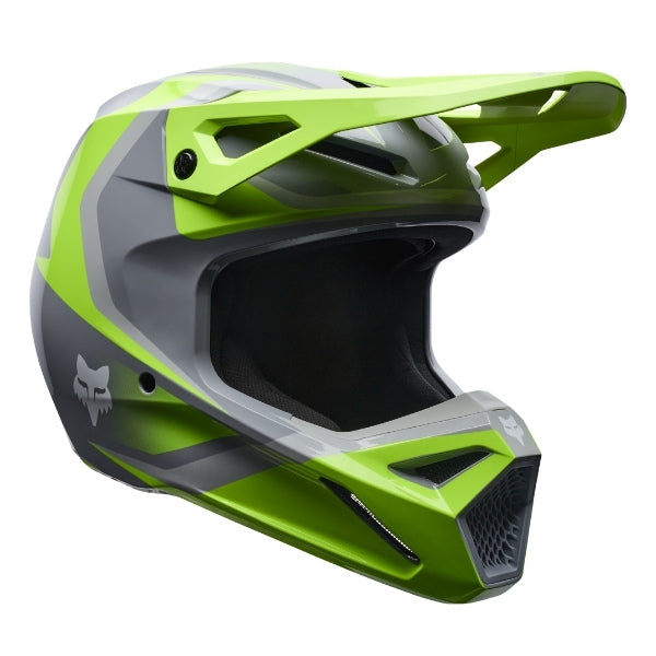 Fox Racing V1 Frame Helmet (Youth) in Red, upper rear and vent view, with the rear shell vents, lower neck opening, molded shell ribs, and Fox lettering. Available options—Color: Black, Neon Pink, Blue, Grey/Yellow, Red; Size: Y-SM, Y-MD, Y-LG.