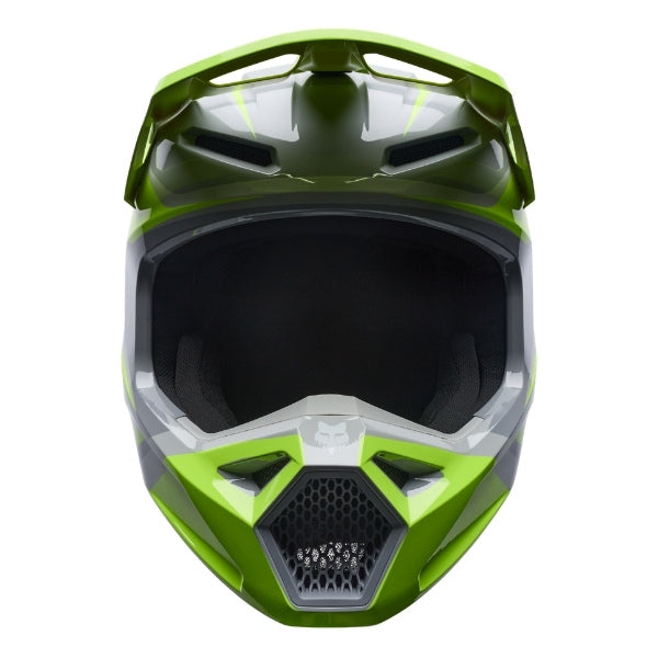 Fox Racing V1 Frame Helmet (Youth) in Red, right-side profile, with the extended visor, open face port, angular chin bar, side vents, and Fox graphics. Available options—Color: Black, Neon Pink, Blue, Grey/Yellow, Red; Size: Y-SM, Y-MD, Y-LG.
